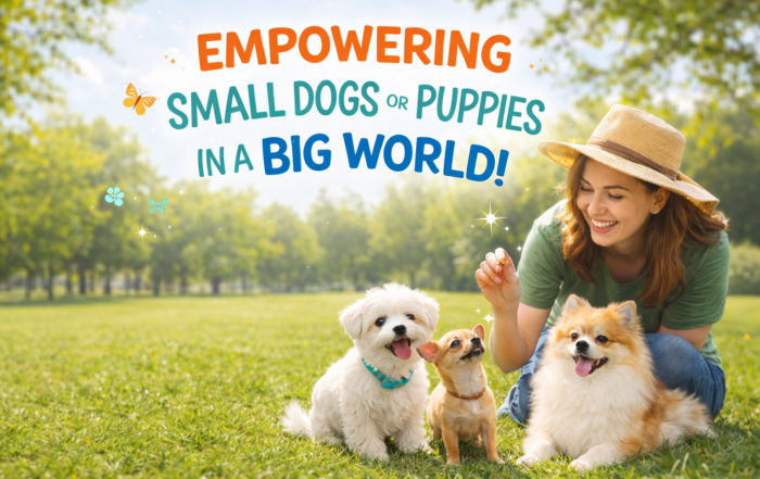 Woman in a park with puppies and small dogs