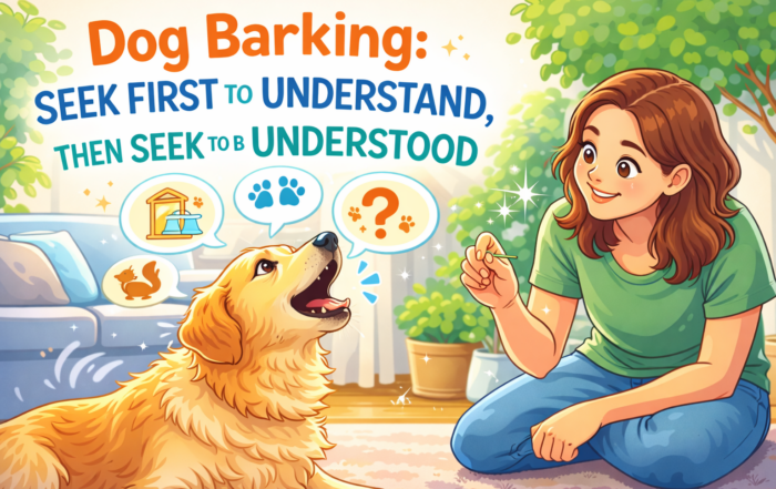 Cartoon image of a woman talking to a yellow dog