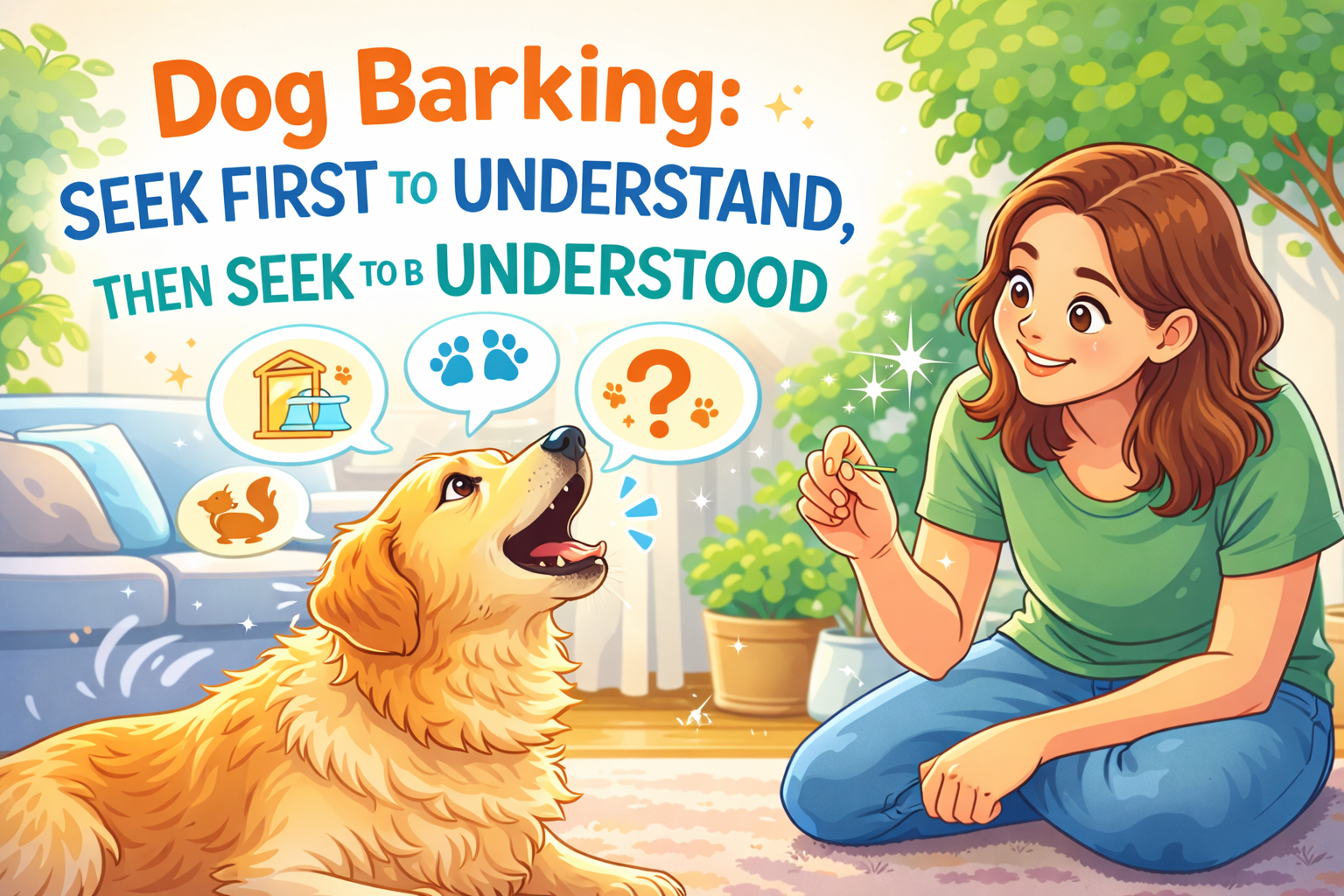 Cartoon image of a woman talking to a yellow dog