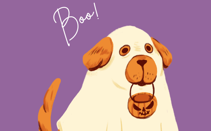 Cartoon dog in a ghost costume.