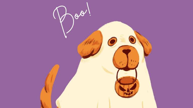 Cartoon dog in a ghost costume.